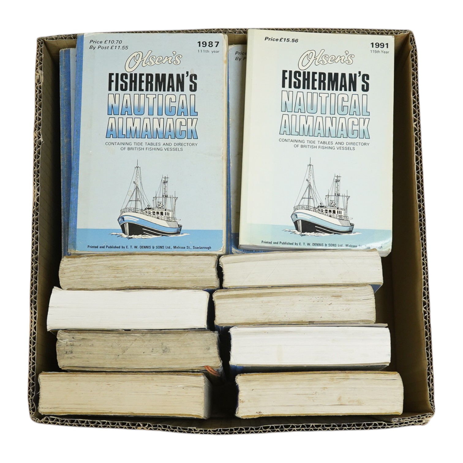 Olsen's Fisherman's Nautical Almanack ... 20 various vols. some with coloured and folded International Code of Signals, inshore charts, dock plans (etc.), num. illus. and other adverts.; original cloth backed pictorial p